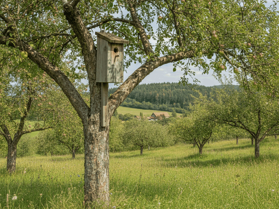 Hölzerner Nistkasten an einem Obstbaum auf einer Streuobstwiese