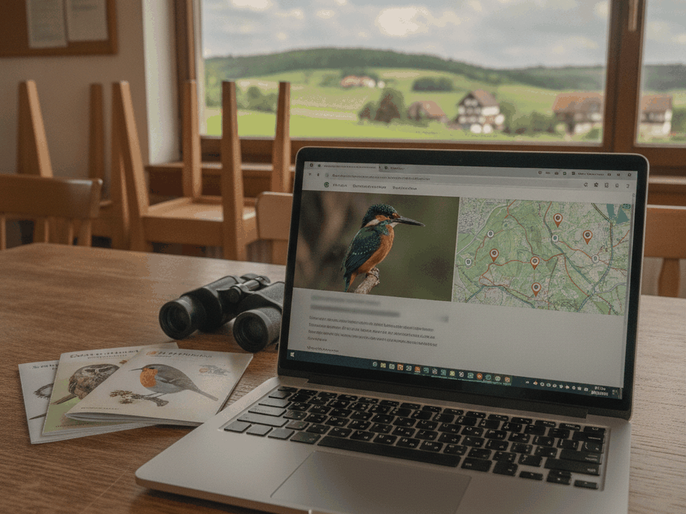 Notebook mit Vereinswebseite in einem Vereinsheim, daneben Broschüren über Vögel
