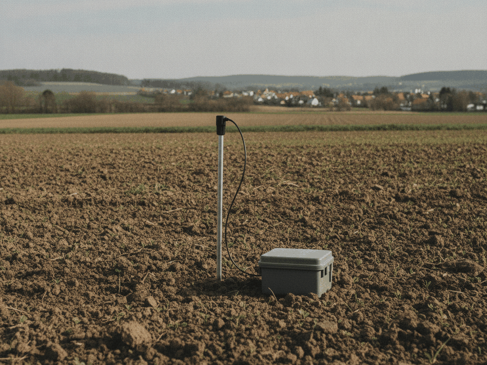 Bodenfeuchtesensor steckt in der Erde eines Ackers, ein Kabel führt zu einem Gehäuse