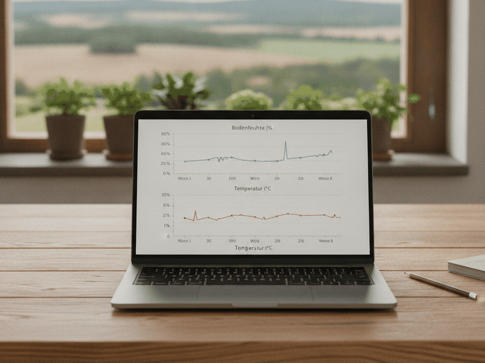 Notebook zeigt Diagramme mit Bodenfeuchte und Temperatur über mehrere Wochen