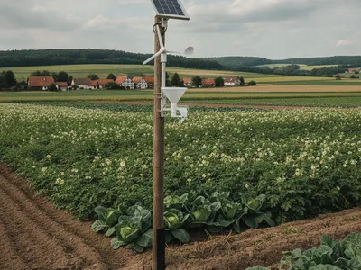Messstation mit Solarmodul am Rand eines Gemüsefeldes