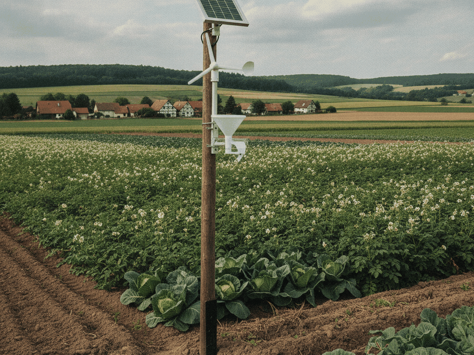 Messstation mit Windmesser, Regenmesser und Solarmodul an einem Gemüsefeld