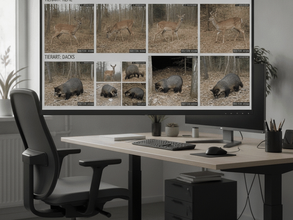 Monitor in einem Büro mit einer nach Tierarten sortierten Galerie von Wildkamera-Aufnahmen