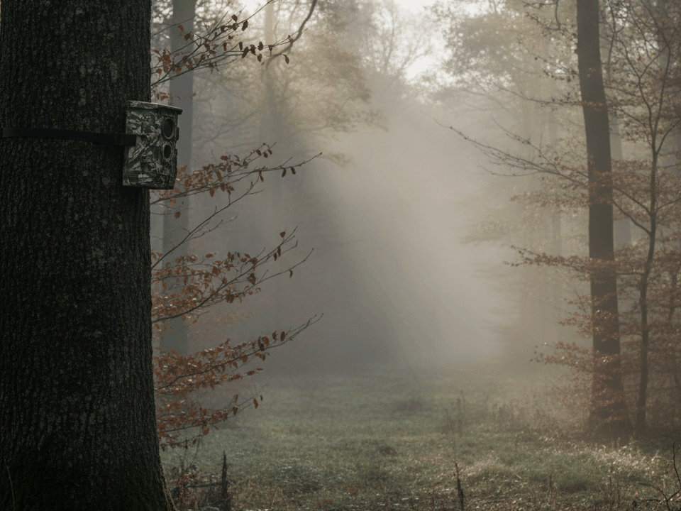 Wildkamera an einem Baumstamm am Waldrand mit Lichtung im Morgennebel