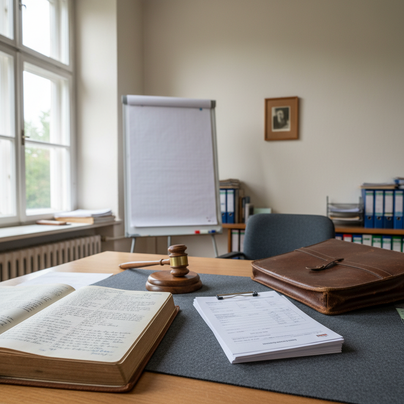 Vereinsbuero mit Mitgliederbuch, SEPA-Formularen, Flipchart, Vereinswappen und ordentlichen Dokumenten-Mappen