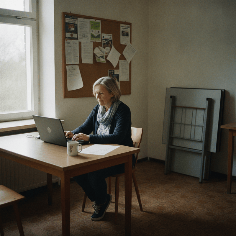 Frau am Laptop an einem schlichten Holztisch in einem Vereinsraum, daneben ein Blatt mit Notizen und eine Tasse, im Hintergrund eine Pinnwand mit Aushängen