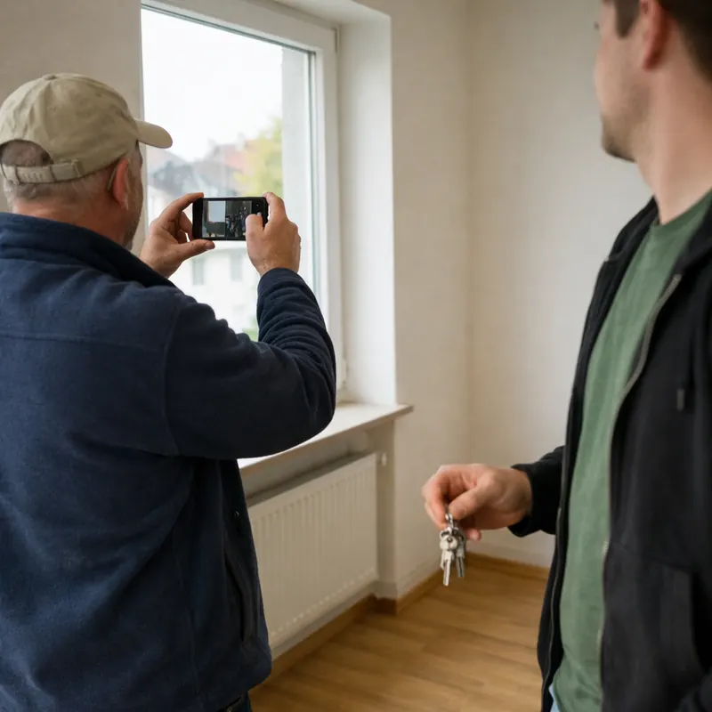 Vermieter fotografiert bei der Wohnungsübergabe den Fensterrahmen mit dem Smartphone, daneben die neue Mieterin mit Schlüsselbund