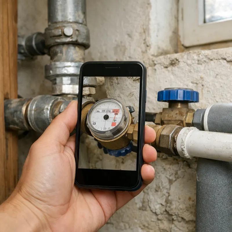 Hand fotografiert mit dem Smartphone einen Wasserzähler im Keller