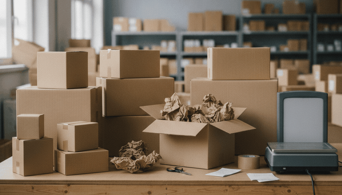 Packtisch mit Kartons, Papierpolster, Klebeband und einer kleinen Waage