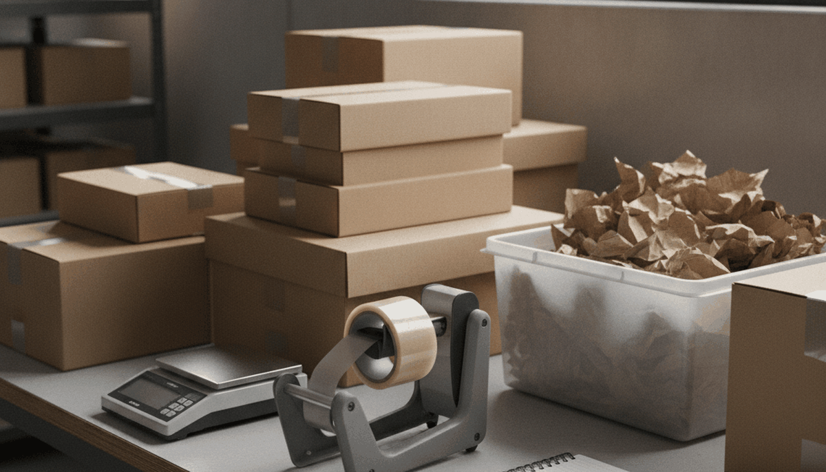 Packtisch mit Kartons, Polstermaterial und Klebeband, daneben eine Waage
