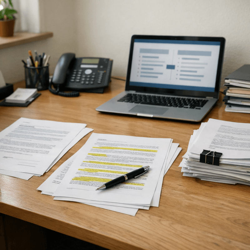 Dokumentarische Schreibtischszene mit Vertragsunterlagen, markierten PDF-Seiten und einem strukturierten Prüf-Workflow