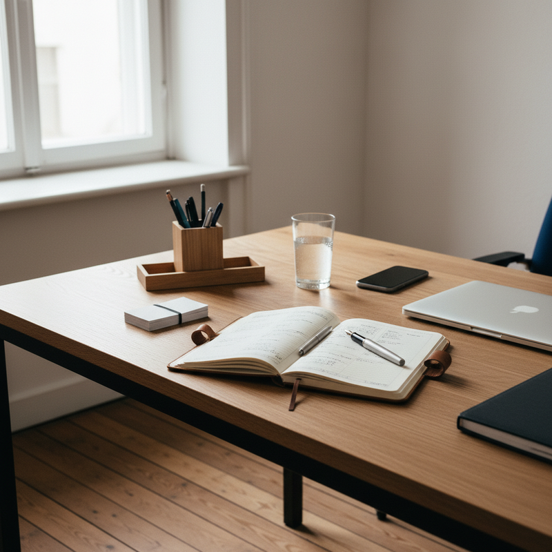 B2B-Vertriebs-Schreibtisch mit Leder-Notizbuch, Visitenkarten-Stapel, Laptop und Silberstift