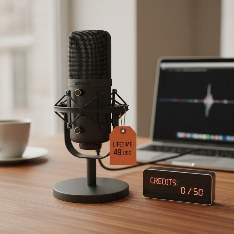 Studio-Mikrofon auf Holzschreibtisch mit Preisschild »Lifetime 49 USD« und einem kleinen LED-Zähler, der »Credits: 0 von 50« anzeigt