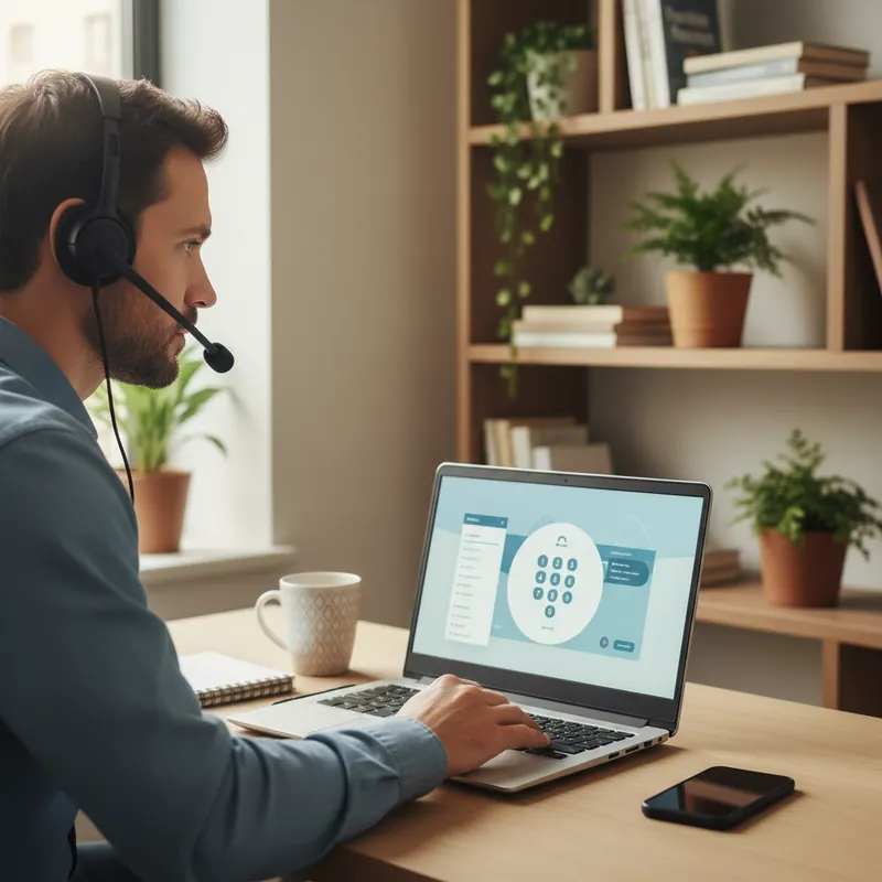 Mann mit Headset am Schreibtisch im Home Office, auf dem Windows-Laptop l&auml;uft ein Softphone-Client mit Zifferntastatur