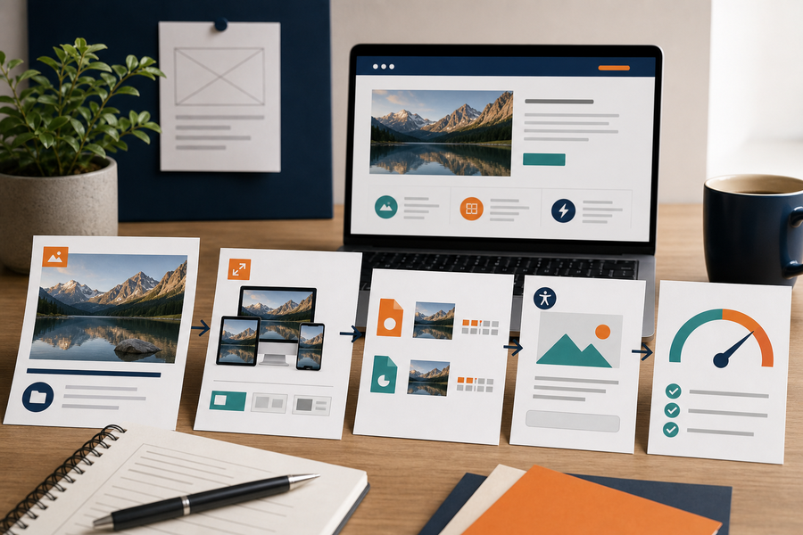Responsive Bildvarianten, Alt-Text-Zeilen, Ladezeit-Symbol und Website-Mockups als Bildoptimierungsprozess