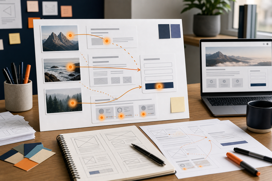 Website-Wireframes mit Bildflächen, Textblöcken und Kontaktbereich als visuelle Blickführung