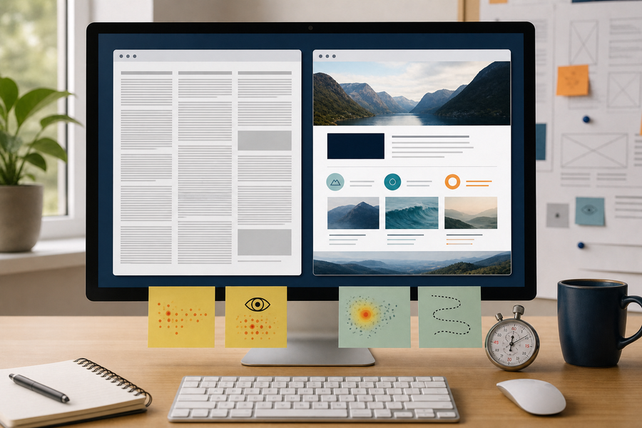 Vergleich zwischen textlastigem Webseiten-Layout und bildgeführtem Layout auf einem Monitor