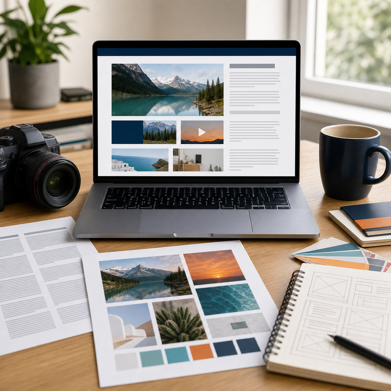 Laptop mit bildstarker Webseite, daneben Layout-Skizzen, Kamera und Notizen für einen visuellen Website-Aufbau