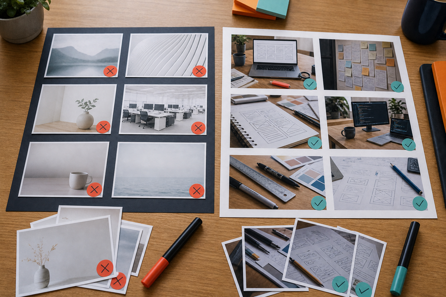Moodboard mit Vergleich zwischen generischen Stockbildern und konkreten echten Website-Fotos