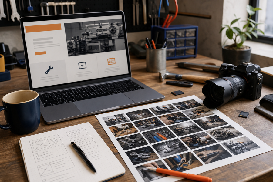 Arbeitsplatz mit Kamera, Laptop, Kontaktbögen und echten Website-Fotos als Vertrauenssignal