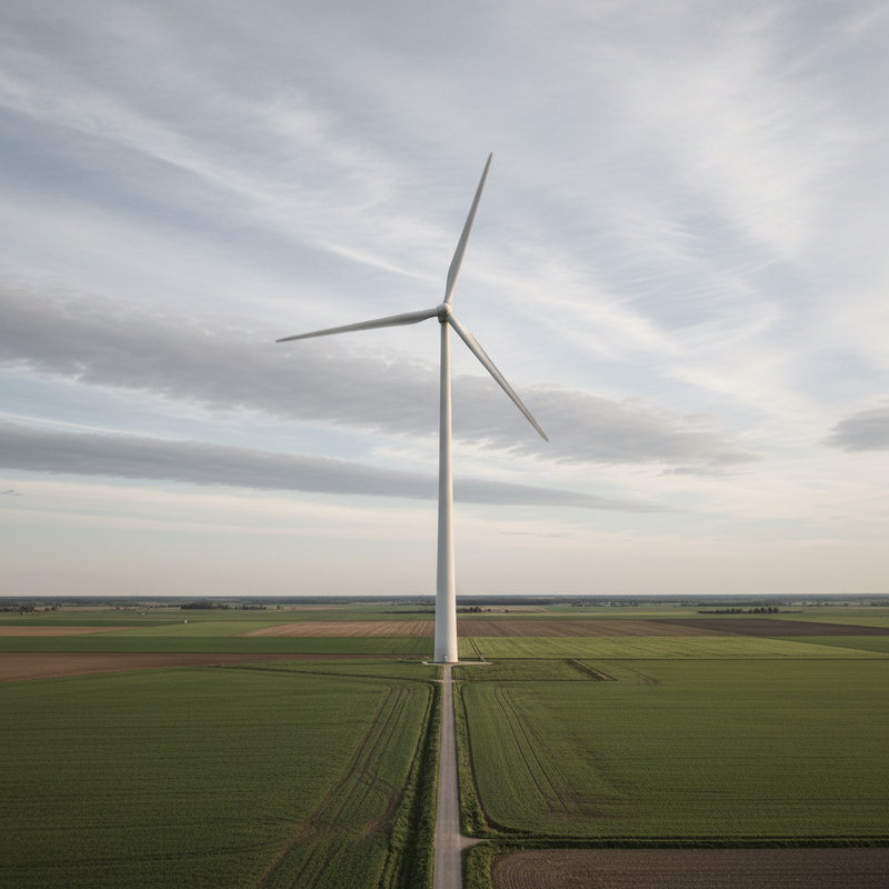 Einzelne Windkraftanlage in norddeutscher Landschaft mit stillstehendem Rotor in Y-Stellung, im Hintergrund Wolken mit sichtbarer Windbewegung.