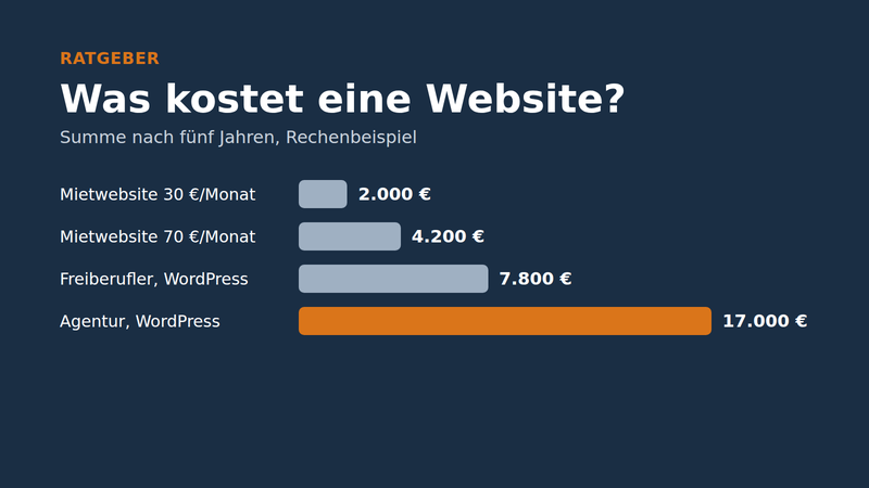 Schaubild: Gesamtkosten verschiedener Wege zur Website über fünf Jahre im Vergleich