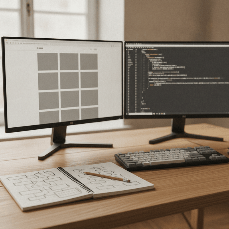 Arbeitsplatz mit zwei Bildschirmen: links eine Website-Ansicht, rechts der zugehörige HTML-Quelltext mit Überschriften- und Formularstruktur