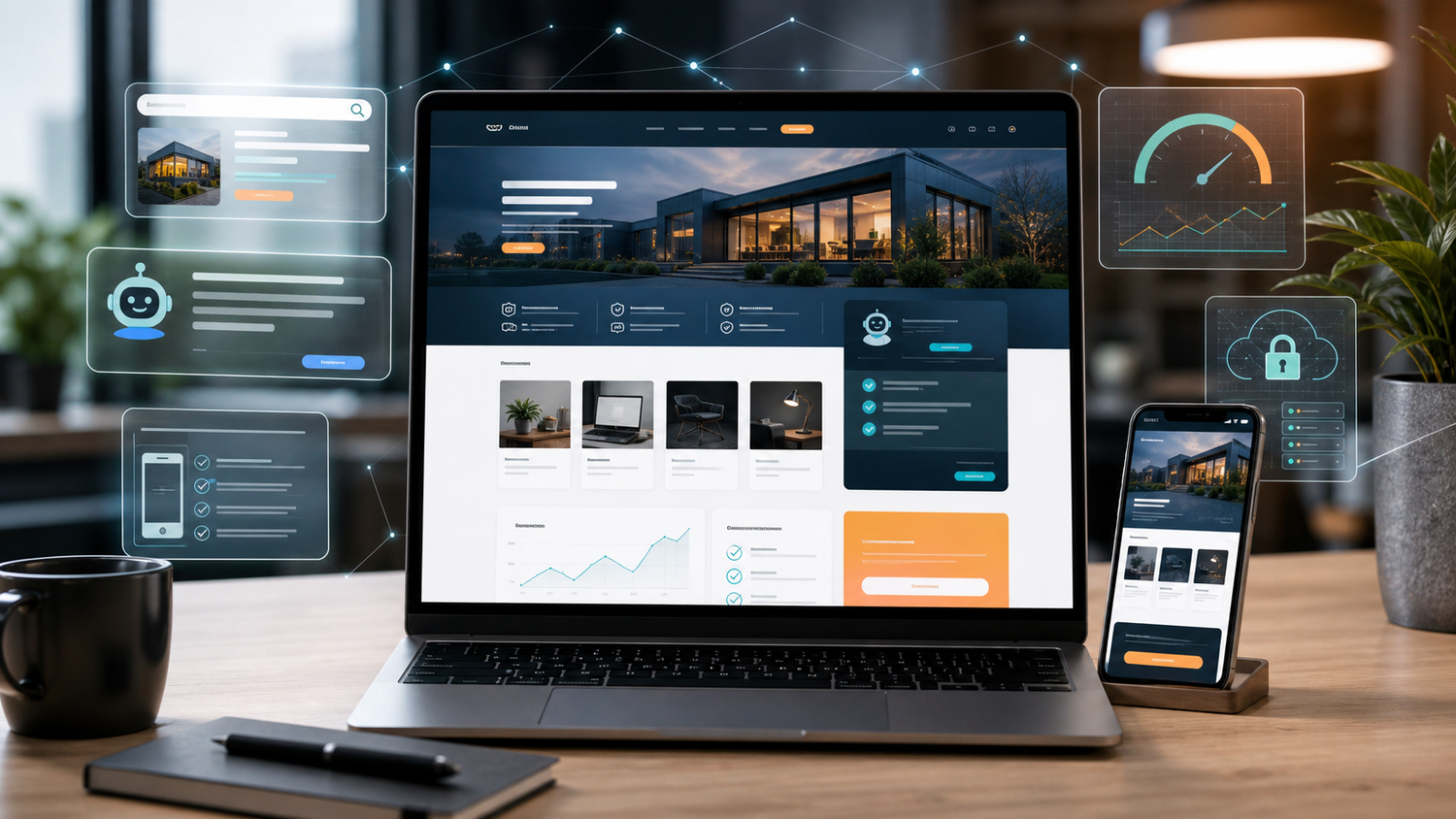 Laptop mit moderner Website, mobiler Vorschau, Analyse-Anzeigen und Sicherheitsmodul