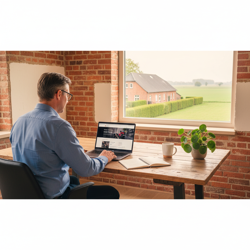 Mittelständischer Unternehmer in einem Backstein-Büro im Münsterland arbeitet am Laptop an einer Webseite, durchs Fenster Bauernhaus und flache Felder