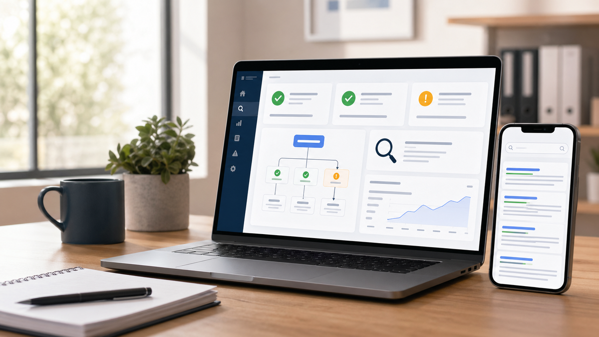 Laptop mit Suchdiagnose-Dashboard für Indexierung, Sitemap und Website-Prüfung