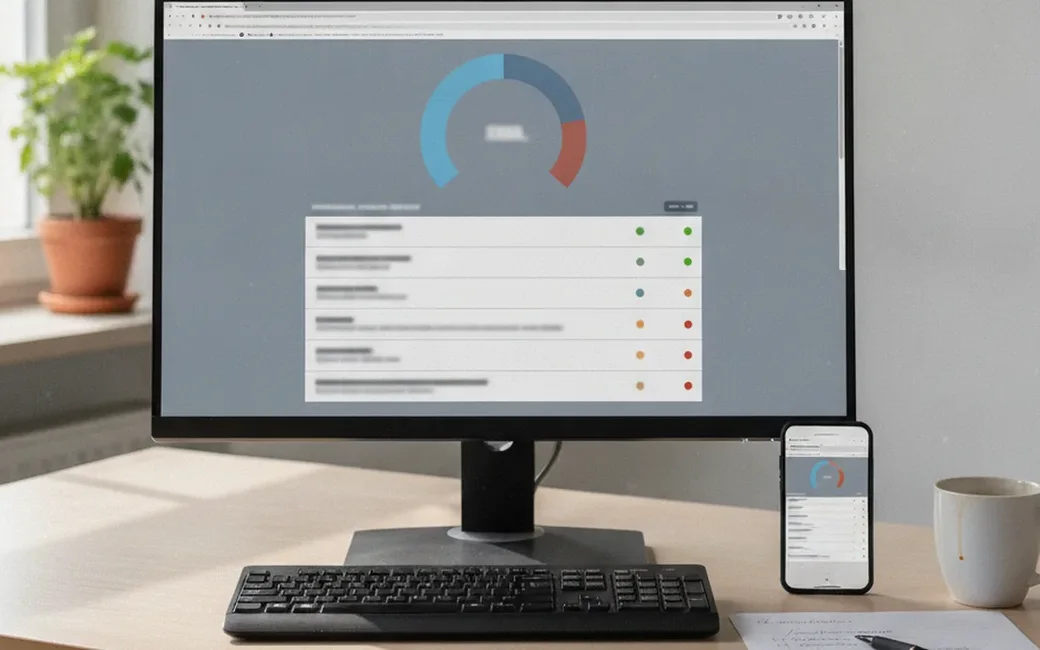 Monitor mit Gesamtwertung und Befundliste, daneben ein Smartphone