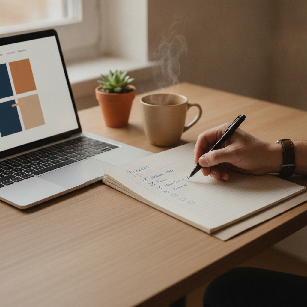 Schreibtisch mit Notizbuch und Checkliste für eine neue Website, daneben ein Laptop bei Tageslicht