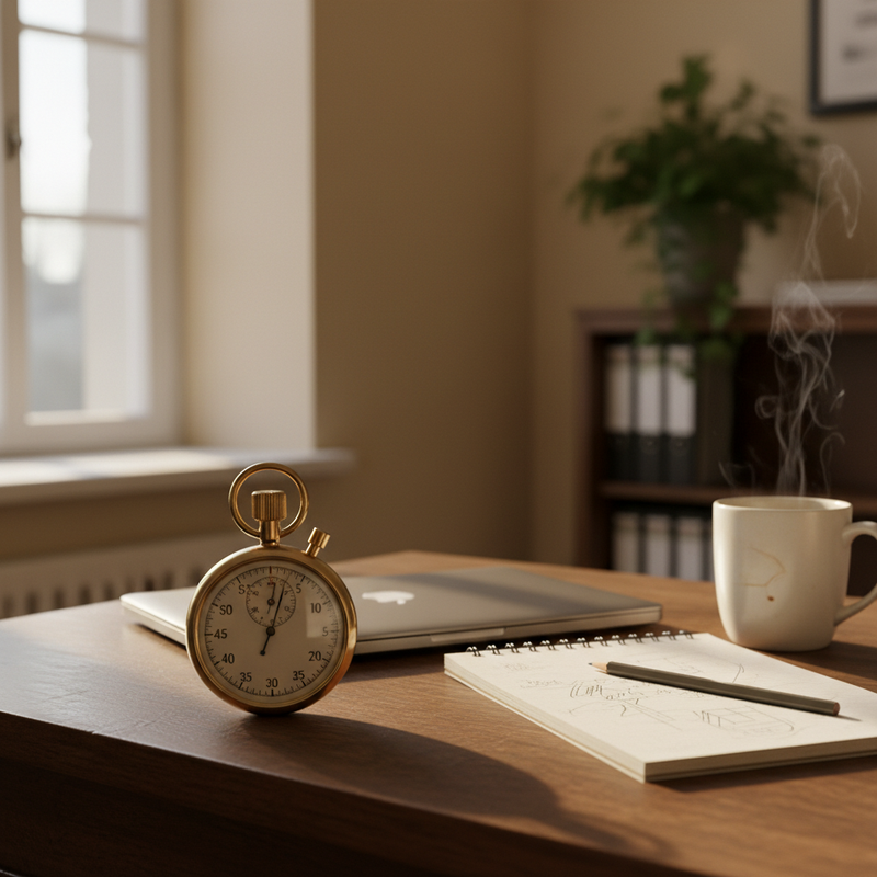 Analoge Messing-Stoppuhr auf einem Holzschreibtisch neben geschlossenem Laptop und Notizblock &mdash; Sinnbild für Zeit messen und Tempo verbessern