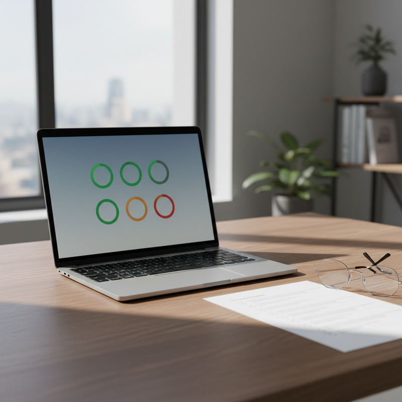 Schreibtisch mit Laptop, der ein Website-Analyse-Dashboard mit farbigen Status-Ringen zeigt, daneben eine gedruckte Prüf-Checkliste — Sinnbild für den Website-Komplett-Check: Geschwindigkeit, Sicherheit, SEO und Technik prüfen.