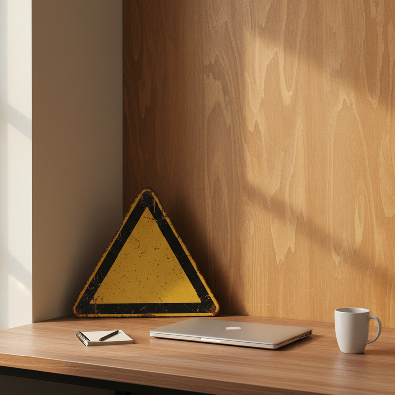 Klassisches Metall-Warndreieck an Holzwand, davor geschlossener Laptop und Notizblock — Sinnbild für Aufmerksamkeit bei markierten Risiken