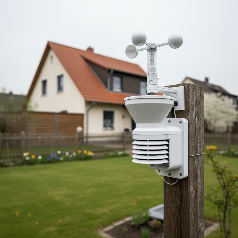 Moderne Wetterstation auf Holzpfosten in einem deutschen Garten – Anemometer, Niederschlagsmesser und Strahlungsschutz, Einfamilienhaus im Hintergrund