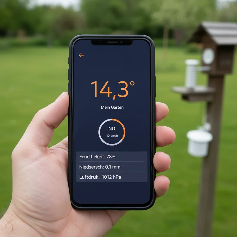 Smartphone in der Hand mit Wetter-App im deutschen Garten – große Temperatur-Anzeige, Windkompass, Werte für Luftfeuchte, Regen und Druck