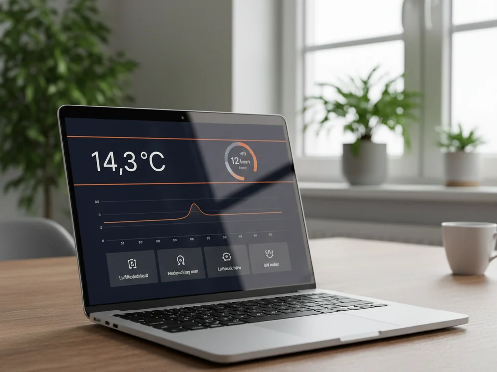 Web-Dashboard auf Laptop-Bildschirm – Wetter-Anzeige mit Temperatur, Wind, Verlaufsgrafik und vier kleinen Status-Kacheln