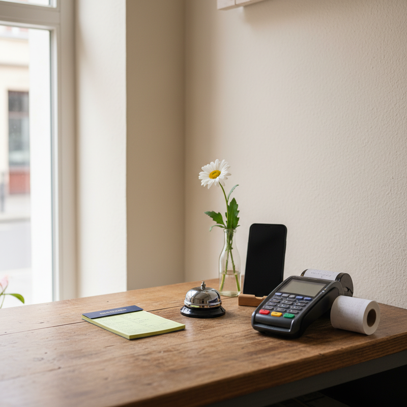 Kleiner Geschaefts-Tresen mit Smartphone, Bestellblock, Servicebell und Kartenterminal