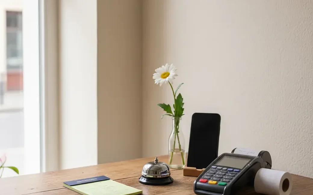 Schreibtisch mit Smartphone, Kartenterminal und Notizzettel
