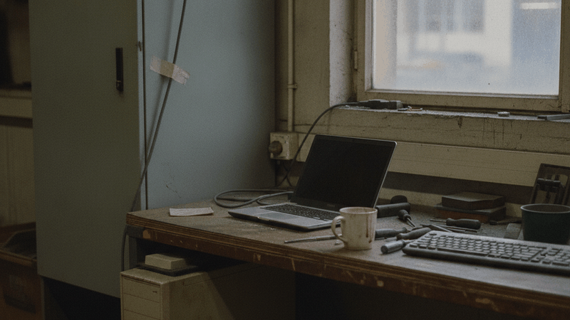 Werkbank in einer Werkhalle mit älterem Rechner unter dem Tisch, Netzwerkkabel zum Schaltschrank und einem neueren Laptop daneben