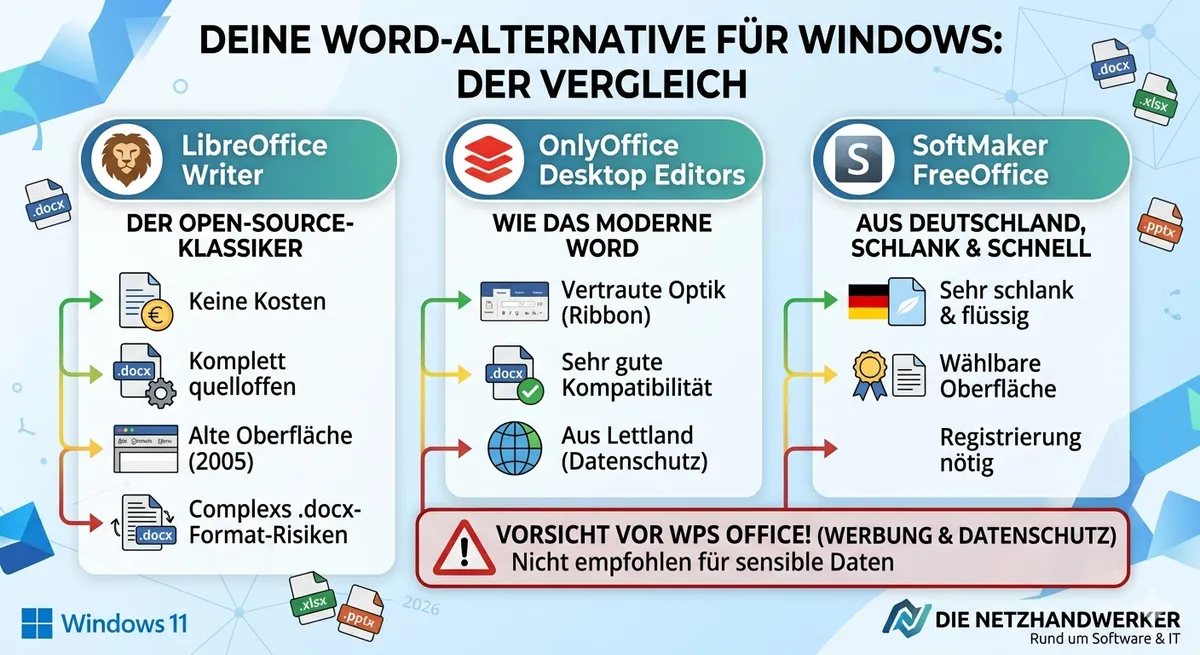 Vergleich von LibreOffice Writer, OnlyOffice Desktop Editors und SoftMaker FreeOffice als Word-Alternative f&uuml;r Windows &ndash; mit Warnung vor WPS Office