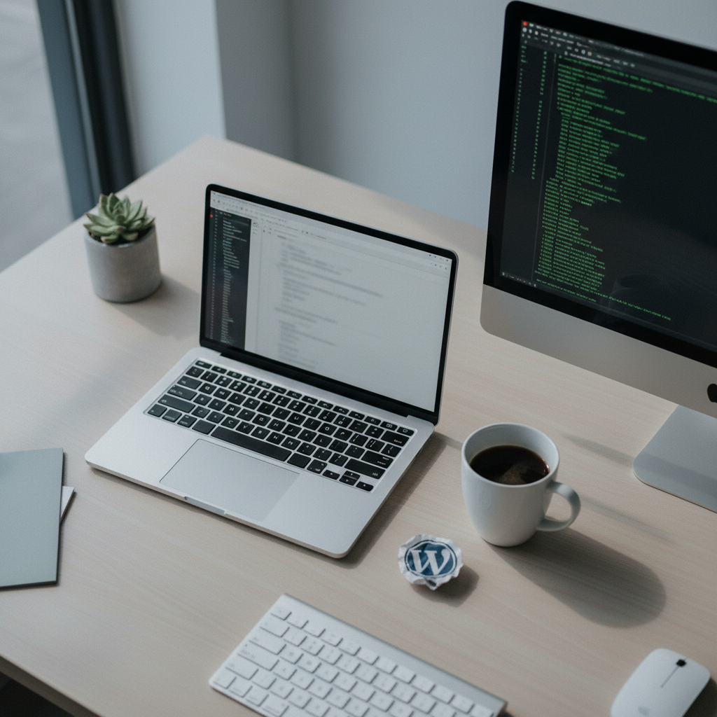 Moderner Arbeitsplatz mit Terminal und Code statt klassischem CMS-Backend