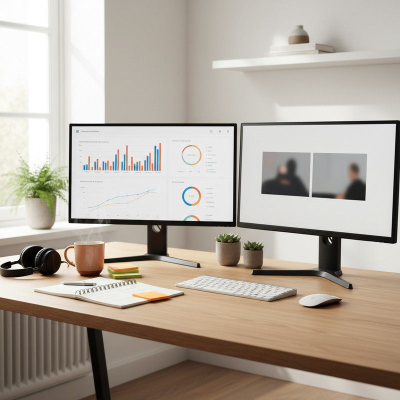 Ein Schreibtisch mit zwei Monitoren, einer zeigt YouTube Studio Analytics, der andere ein Video-Thumbnail im Vergleich, daneben Notizen und ein Stift in einer ruhigen deutschen Büroumgebung
