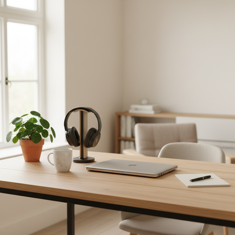 Aufger&auml;umter Holzschreibtisch mit Kopfh&ouml;rern, geschlossenem Laptop und Pflanze &ndash; ein ruhiger, ablenkungsfreier Arbeitsplatz f&uuml;r ungest&ouml;rten Medienkonsum