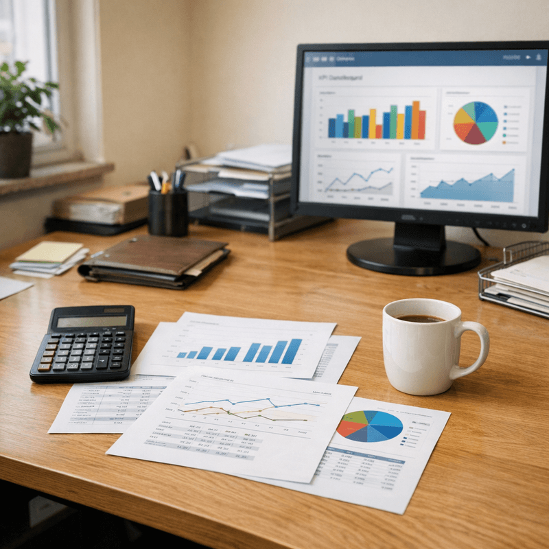 Dokumentarische Geschäftsführungs-Szene mit Kennzahlenblättern, ruhigem Dashboard-Setup und klarer Tagesübersicht