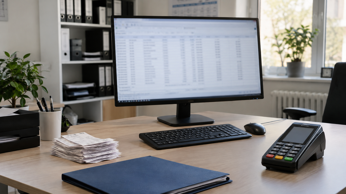 Buchhaltungsbüro mit Monitor, Belegstapel, Aktenmappe und Kartenterminal