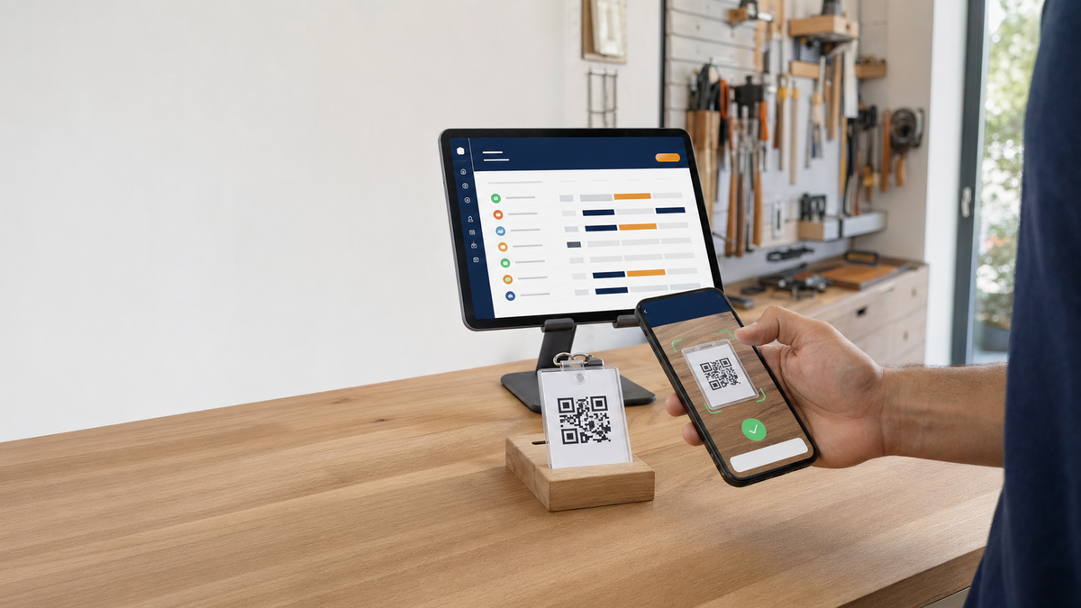 Smartphone scannt QR-Ausweis für digitale Zeiterfassung am Tablet-Terminal