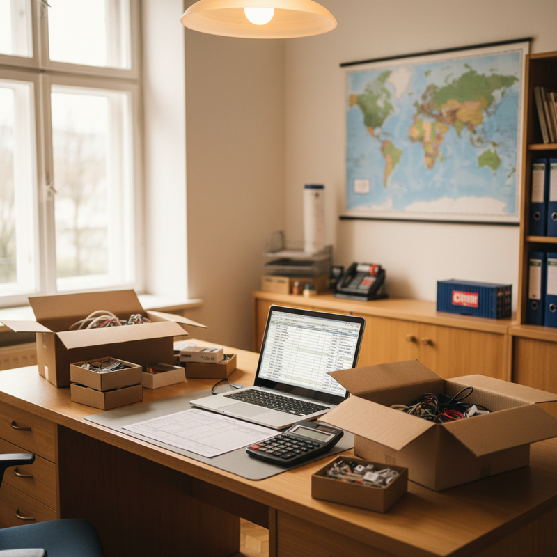 Schreibtisch mit Warenproben und Zollformular