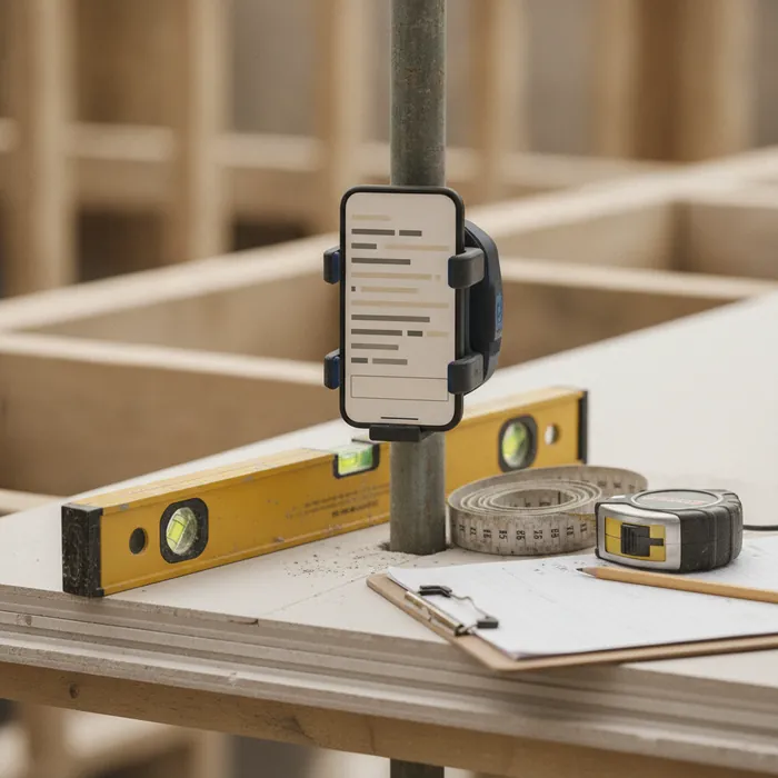 Smartphone in einer Halterung auf einer Baustelle mit Checkliste und Unterschriftsfeld, daneben Wasserwaage, Maßband und Klemmbrett